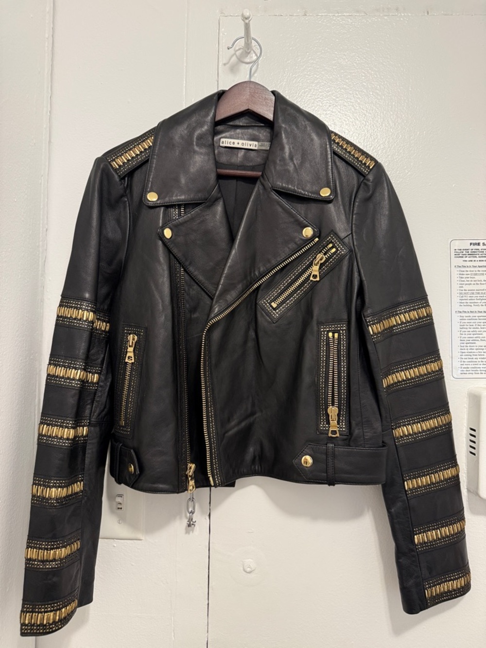 Alice + Olivia Cody Black Gold Moto Crop Leather Jacket